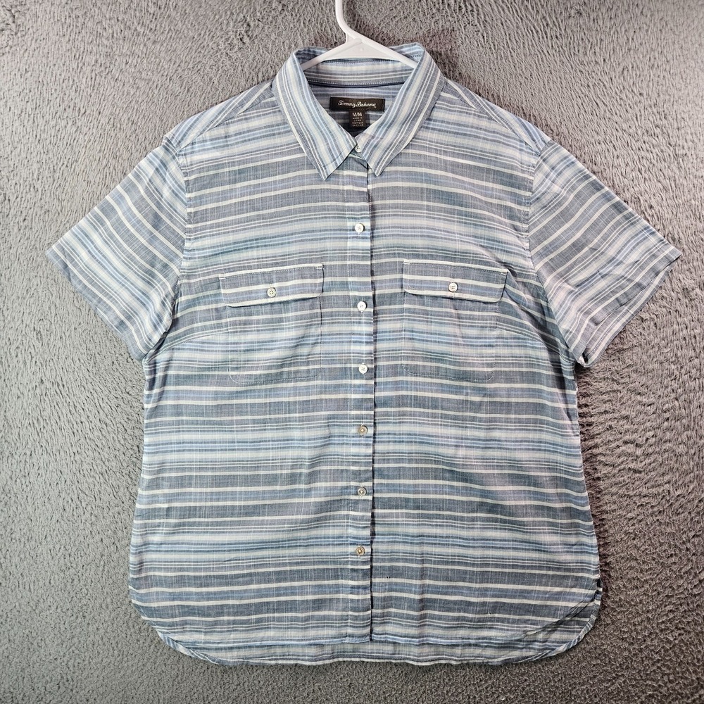 Tommy Bahama Beach Shirt Men Medium Button Short Sleeve Lightweight Blue Striped